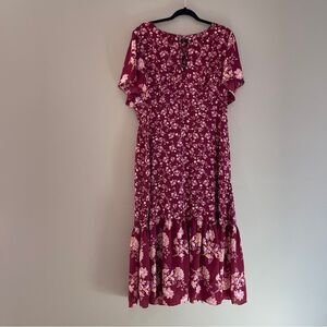 J. Crew Burgundy Drapey Flutter Sleeve Dress Burgandy Blooms Floral Maxi Size 14